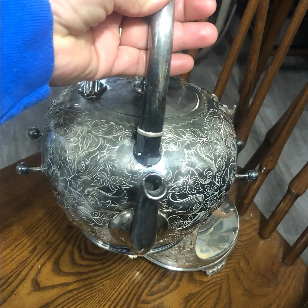 Ornate Silver-Finish Tea Kettle with Stand - Decorative Serving Piece